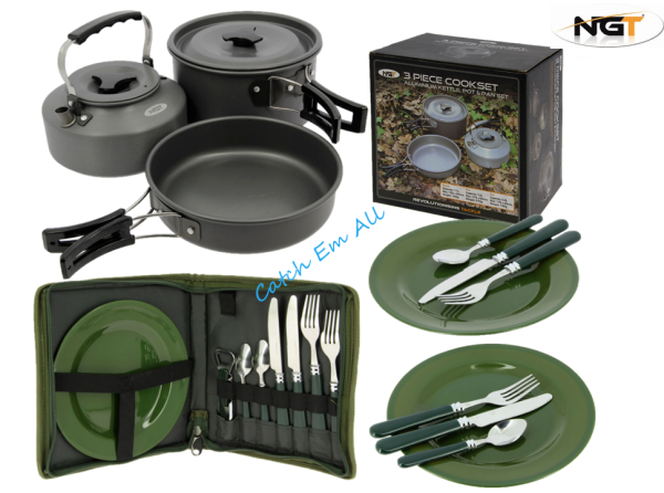 NGT 3 Piece Cook Set & Cutlery Carp Fishing Camping Outdoor Cooking